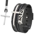 Kit Pulseira de Couro Masculina Jesus Cruz Proteção e Colar Cruz Ajustável Kit Pulseira de Couro Masculina Jesus Cruz Proteção e Colar Cruz Ajustável