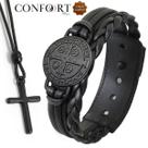Kit Pulseira de Couro São Bento All Black Ajustável e Colar Pingente Cruz