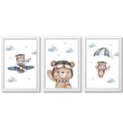 Kit Quadro Decorativo Infantil Ursinho Aviador Aquarela Azul