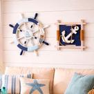Kit Quadro Decorativo Náutico Timão Quadrado 27x27cm em Madeira e MDF Azul Branco