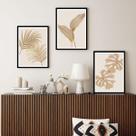 Kit Quadro Decorativo Ouro Folhagens Moldura Preta