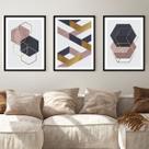 Kit Quadros Decorativos Hexágono Ouro Moldura Preta