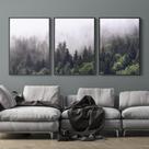 Kit Quadros Decorativos Paisagem Neblina Floresta Sala Quarto 3 Peças