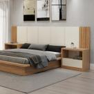 Kit Quarto Casal Base Cama Cabeceira e 2 Mesas de Cabeceira MDF Off White Freijó Dalla Costa