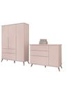 Kit Quarto Infantil Bebê Melinda Retrô Com Pés Cômoda 3 Gavetas E Guarda Roupa 3 Portas 2 Gavetas Rosê - Phoenix Baby