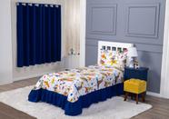 Kit Quarto Infantil Solteiro Menino Colcha Cobre Leito com Babado + Cortina 2m Oxford 3 Pçs Circo Palhaço Azul Colorido