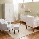 Kit Quarto Theo com Pés Square Mel - Berço + Cômoda 3 Gavetas e 1 Porta + Guarda-Roupa 2 Portas + Poltrona de Amamentação Capri com Puff - Branco Kit Quarto Theo com Pés Square Mel - Berço + Cômoda 3 Gavetas e 1 Porta + Guarda-Roupa 2 Portas + Poltrona de Amamentação Capri com Puff - Branco