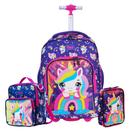 Kit Rabisk Unicórnio Azul Mochila Rodas + Lancheira + Estojo