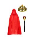 Kit Rainha Coroa Dourada + Cetro + Capa Vermelha Fantasia