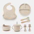 Kit Refeição 8 peças Alimentação do Bebê SiliconeTalheres com Ventosa Canudo Babador Cata Migalha
