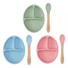 Kit Refeição Introdução Alimentar Buba Pratinho 100% Silicone com Divisórias e Ventosa e Colherzinha Silicone Cabo de Bambu BPA free