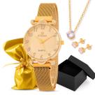 Kit Relógio Atenza Metal Dourado Esteira + Colar e Brinco