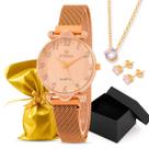 Kit Relógio Atenza Metal Rose Esteira + Colar e Brinco