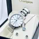 Kit Relógio Champion Feminino Original Correia E Fundo Prateado com Colar e Brincos