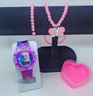 Kit Relógio de Pulso Infantil Digital Pisca Luz Toca Musica Colorido Disney +Colar Pulseira Miçangas + Caixa Coração