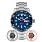 Kit Relógio de Pulso Orient Masculino Automático Poseidon Prova D água 300M Toca de Pulseira Silicone Aço Inox Prata F49SS014