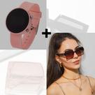 Kit Relógio Digital Led Redondo Silicone ajustável + Óculos de Sol Feminino Armação Grande Vintage Quadrado Luxo Moda