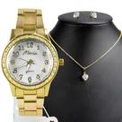 kit relogio feminino aço analogico dourado strass envio 24h