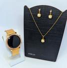 Kit Relógio Feminino Digital Led Strass Zircônias Silicone Ajustável + Conjunto Colar e Brincos Folheado Ouro Presente