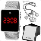 Kit Relógio Feminino Digital Prata Casual Moderno com Caixa Presente Premium e Pulseira Berloques Luxo Tendencia