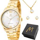 Kit Relógio Feminino Dourado Aço Inox Moderno com Colar Pingente Strass e Brincos Banhados 18k Caixa Presente Premium Exclusiva