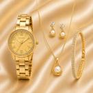 Kit Relógio Feminino Dourado Pallyjane com Colar Brincos e Pulseira
