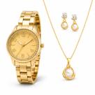 Kit Relógio Feminino Dourado Pallyjane com Colar e Brincos Pérola