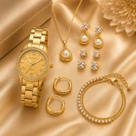 Kit Relógio Feminino Pallyjane Dourado 7 Peças: Colar, Brincos e Pulseira