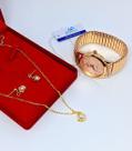 Kit Relógio Feminino Quartz aço inox Pulseira elástica analógico Redondo + Conjunto Colar e Par Brincos Folheado a Prata