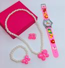 Kit Relógio Infantil Analógico Redondo quartzo Silicone Desenho animados 3D + Conjunto Colar Pulseira Anel Miçangas
