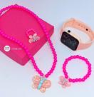 Kit Relógio Infantil Digital Esportivo Silicone Resistente água + Conjunto Colar Pulseira Anel Miçangas Pérolas Cor:Rosa