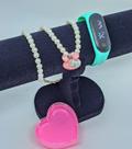 Kit Relógio Infantil Digital Led Bracelete Esportivo Prova água Silicone + Colar e Pulseira Miçangas Caixa Coraçao
