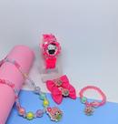 Kit Relógio Infantil Digital Led Pisca Luz Toca Musica Princesa + Colar Pulseira Miçangas 2 Presilha de Cabelo Lacinho C