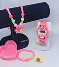 Kit Relógio Infantil Digital Meninas Silicone + Conjunto Colar e Pulseira Anel miçangas Coração Flor Blogueirinha Moda