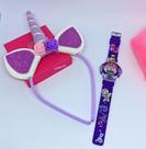Kit Relógio Infantil Digital Pisca Luz Led Colorido + Tiara Arquinho Cabelo Princesas Disney Presente Unicórnio Barbie