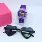 Kit Relógio Infantil Digital Pisca Luz Led Princesas Barbie Frozen + Óculos de Sol Meninas Coração Kids Flexível Moda