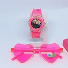 Kit Relógio Infantil Digital Pisca Luz Led Princesas Disney + Óculos de Sol Coração Degrade Luxo Moda blogueirinha 2024