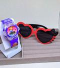Kit Relógio Infantil Digital Pisca Luz Led Toca Musica Princesas + Óculos de Sol Coração Gatinho com Laço Menina Moda