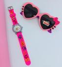 Kit Relógio Infantil Menina Analógico Quartzo Silicone 3D Esporte + Óculos de Sol gatinho Coração Laço Hello kitty Uv400