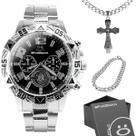 Kit Relógio Masculino Analógico Prata Fundo Preto Aço Inox com Cordão Crucifixo Pai Nosso e Pulseira Grumet