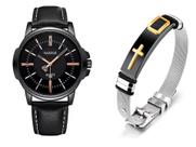 Kit Relógio Masculino Yazole 358 Couro Total Black +Pulseira