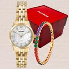 Kit Relógio Mondaine Feminino Dourado Madrepérola Clássico 5 ATM Com Pulseira Colorida Aço Inox Modelo 32796LPMKDE1K2