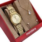Kit Relógio Mondaine Feminino Dourado Origina com Colar e Brinco Ponto de Luz Pulseira de Aço Inoxídavel