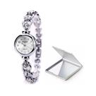 Kit Relógio Prata Feminino De Pulso Pedras Strass + Espelho