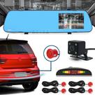 Kit Retrovisor C/ Tela + Câmera Ré E Frontal + Sensor Ré Vermelho Corsa Classic 2012 2013 2014 2015 2016 Estacionamento