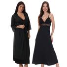 Kit Robe Longo e Camisola Longa Sem Bojo em Microfibra e Renda Cor:PretoTamanho:Gg