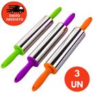 Kit Rolo Abrir Massa Macarrão Pães Inox Cabo Plástico Colorido Pizzaria Confeitaria Doce Pastel