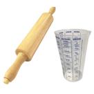 Kit Rolo Para Massa Pizza Pão Madeira 23cm e Copo Medidor