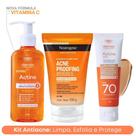 Kit Sabonete Antiacne 140g + Esfoliante Acne Proofing Neutrogena + Protetor Solar FPS 70 Cor Pele Morena Actine Darrow