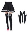Kit Saia Colegial Listrada C/ Susp. Preto E Meia De Gato